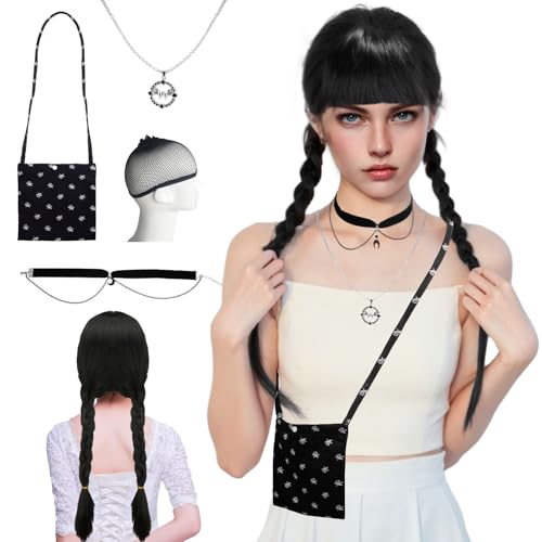 Halloween Schwarze Geflochtene Perücken für Mädchen Damen- Pony Zöpfen Perücke Lang Zopf Kinder Kostüm Zubehör mit Halskette Tasche Halloween Karneval Fasching Mottoparty Tägliche Cosplay Zubehör von Luclay