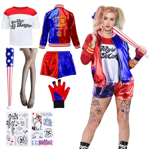 Luclay HK Cos Quinn Kostüme für Erwachsene Mädchen- Damen Halloween Bösewicht Suicide Cosplay Kostüme mit Jacke T-Shirt Shorts Tattoo Handschuh Netzstrümpfe für Karneval Cosplay Faschings Kostüme von Luclay