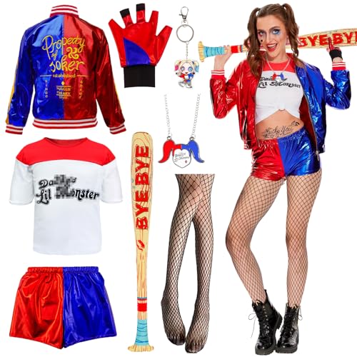 Quinn Kostüm Damen Erwachsene- Mädchen Suicide Kostüme Bösewicht Kostüm Kit Faschingskostüm mit Jacke T-Shirt Shorts Handschuh Netzstrümpfe Halskette für Halloween Karneval Cosplay Joker Kostüm von Luclay