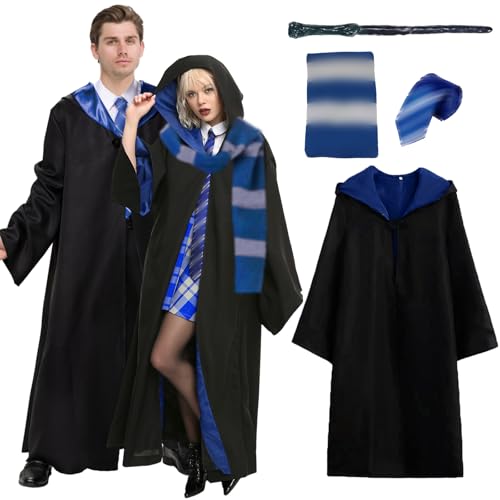 Magic Robe7 Zauberer Robe für Erwachsene, 4PCS Umhang Zauberer Cosplay Kostüm für Erwachsene, Magier Robe, with Cape, Magic Wand,Scarf, Tie, Halloween Wizard Costume for Cosplay, Carnival, Fancy Dress von Luclay