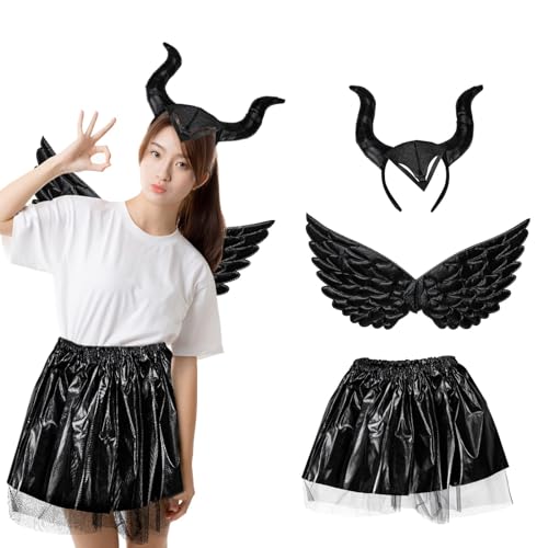 3 Stück Maleficent Kinder Halloween Königin Hörner Kostüm Set Mädchen Teufel Horn Kopfschmuck Schwarz Gothic Kopfbedeckung mit Böse Flügel Tutu Kleid Hexenkostüm für Karneval Maskerade Cosplay Party von Luclay