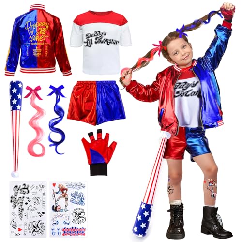 Luclay Quinn Kostüme Kinder- Mädchen Bösewicht Kostüm Cosplay Suicide Clown Kostüm Kit mit Jacke, T-Shirt, Shorts, Handschuh Perücken Tattoo Baseballschläger für Karneval Cosplay Faschings Halloween von Luclay