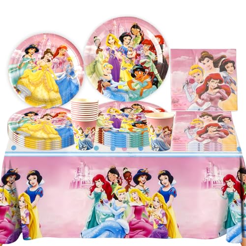 Prinzessin Pappteller Kindergeburtstag Deko Mädchen- 51 Pcs Rosa Prinzessin Partygeschirr Set Prinzessin Geburtstag Deko Geschirr Party Supplies Kit Tischdecke Teller Tassen Servietten 10 Kinder von Luclay