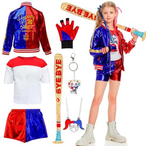 Quinn Kostüm Kinder- Mädchen Suicide Kostüme Faschingskostüm Bösewicht Kostüm Clown Kit mit Jacke T-Shirt Shorts Handschuh Schlüsselanhänger Halskette für Halloween Karneval Cosplay Joker Kostüm von Luclay