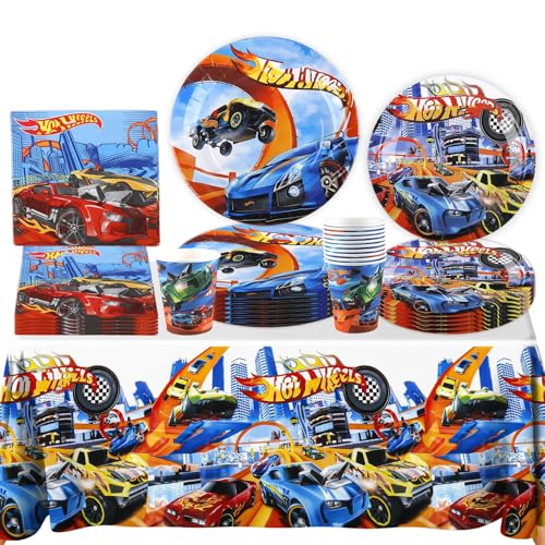 Rennauto Partygeschirr Set- Autos Pappteller Kindergeburtstag Deko Cars Partygeschirr Set Wheels Geburtstagsdeko Party Tableware Supplies Kit mit Teller Tischdecke Servietten Tassen für Jungen Kinder von Luclay