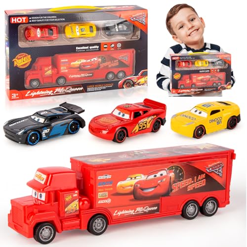 Spielz eugauto Cars Truck Lightning Auto Set- 4 Stück Mc-Queen Zurückziehen Transporter Kinder Metall Mini Die Cast Modellauto Kleine Fahrzeuge Car Toys als Jungen Geburtstag Weihnachten Geschenke von Luclay