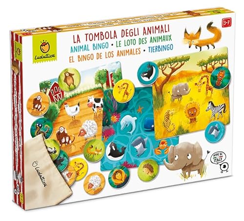 Ludattica Tombola Tiere | Tombola für Kinder | Bingo mit Stoffbeutel und Raumordnungen | Lernspiel für Kinder von 3-6 Jahren | Made in Italy von Ludattica