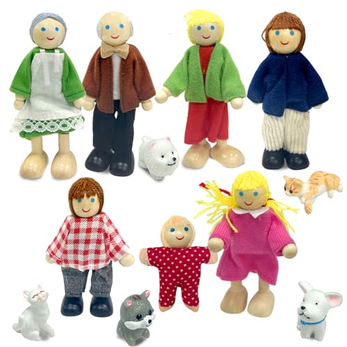 Ludihive Puppenhaus Puppen,Puppenhaus Figuren Puppen Familie Set,Puppenhaus Figuren mit Katze und Hund，Holzpuppe Spielzeug für Kinder，Puppenfamilien Figuren Biegepuppen für Puppenhäuseraus von Ludihive