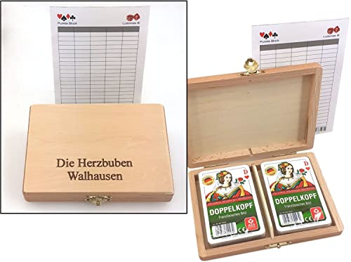 Ludomax Doppelkopf Box Club Standard, Holzkassette mit individueller Gravur, 2 Doppelkopf Kartenspiele, Geschenk - Idee von Ludomax