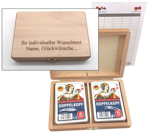 Ludomax Doppelkopf Box Leinen, Holzkassette mit individueller Gravur, 2 Doppelkopf Kartenspiele, Geschenk - Idee von Ludomax