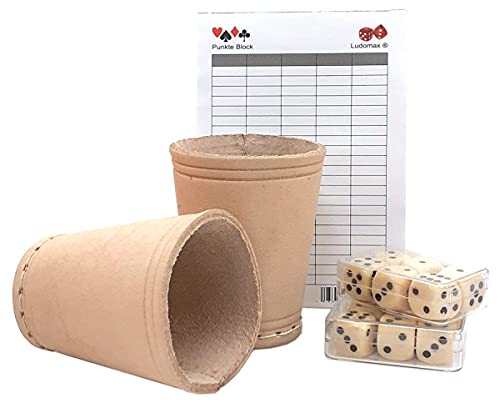 Ludomax Würfelbecher Set Duo, 2X Würfelbecher aus Leder, ca. 9 cm mit 2X 6 Acryl-Würfeln und Spielblock von Ludomax