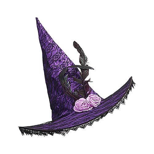 Lueear Halloween-Hexenhut, Halloween-Kostüm, Hexenhut mit Spitzenkrempe, Rosenfeder- , Zauberer, Cosplay, Halloween, -Kostüm für Damen von Lueear