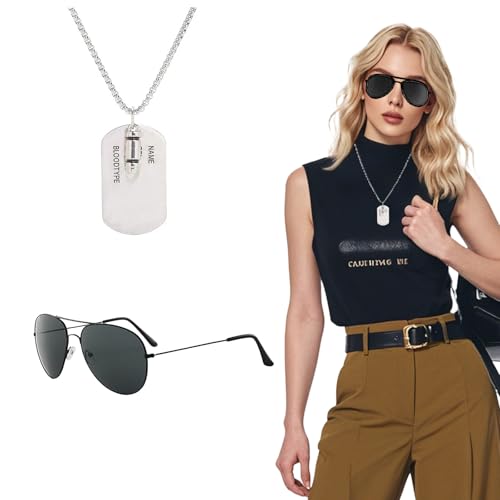 2 Stück Flieger Verkleidung Accessoires, Armee Verkleidung Flieger Captain Kostüm Set Accessoires Sonnenbrille und Erkennungsmarke Kette für Pilot Kostüm Damen Herren Fancy Dress Karneval Halloween von Lufdegim