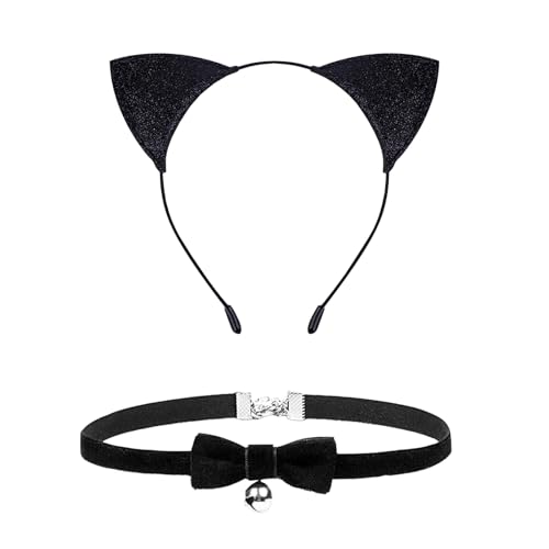 2 Stück Katzenohren Haarreif Set, Cat Ears Headband mit Glockenhalsband, Katzenohren Stirnband, Cat Ears Accessoires Katze Cosplay Zubehör für Halloween Karneval Geburtstag Kostüm Party von Lufdegim