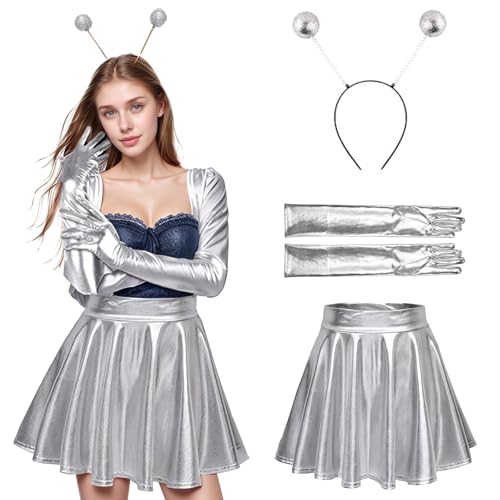 3pcs Alien Kostüm Damen Set, Space Kostüm Damen, Rock Silber Metallic Glitzer Outfits, Stirnband Lange Handschuhe Rock Kostüm Alien Damen Alien Accessoires für Halloween Maskerade Karneval (M) von Lufdegim