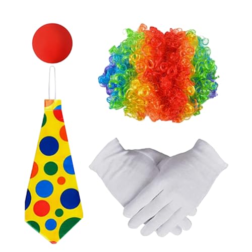 4 Stück Clown Kostüm Accessoire Set, Clownkostüm Clown Verkleiden Regenbogen Perücke + Clownsnase + Handschuhe + Bunte Krawatte, Clown Kostümzubehör, für Halloween Cosplay Fasching Karneval Kostüme von Lufdegim