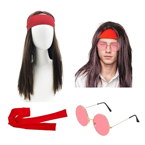 70er Hippie Kostüm Herren Set Perücken Hippie Kostümzubehör 60er 70er Jahre Bekleidung Herren Perücke Sonnenbrille Stirnband Outfit Accessories Faschings Kostüme Karneval Halloween für Männer Frauen von Lufdegim