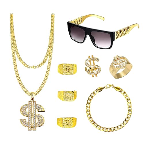 8 Stück Hip Hop Disco Kostüm Accessoires, 70er 80er 90er Jahre Outfit Herren Zuhälter Kostüm Accessoires, Karneval Kostüm Herren Zuhälter Kostüm, Halskette Dollar Ring Goldkette Set für Halloween Fasc von Lufdegim