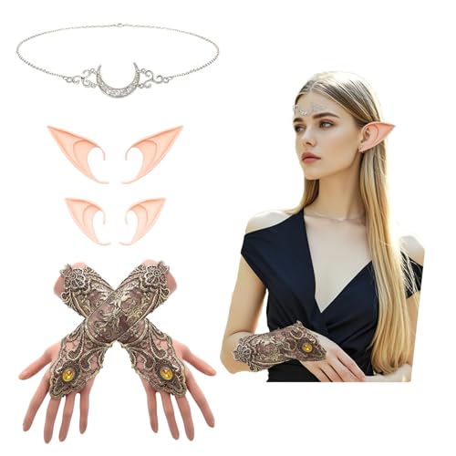 Elfen-Set Mond-Stirnband Goldene Handschuhe Vintage-Spitzenhandschuhe Elfenohren Lange Kurz Engelsohren Cosplay Karneval Halloween von Lufdegim