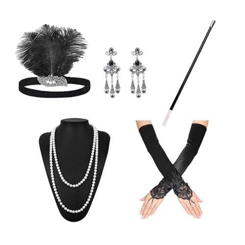 Lufdegim 20er Jahre Accessoires Damen, 1920s Kostüm Zubehör Set Gatsby Outfit Party Kostüme Accessoires Damen mit Handschuhe, Perlenkette, Kopfschmuck, Ohrringen, für Halloween Karneval von Lufdegim