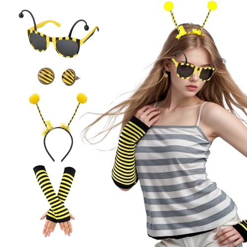 Lufdegim 4 Stück Bienen Kostüm Damen, Kostüm Biene Damen für Erwachsen Karneval Cosplay Kostüm Damen mit Bienen Haarreif Brille Handschuhe Bienen Kostümzubehör für Karneval Fasching Cosplay Kostüm von Lufdegim