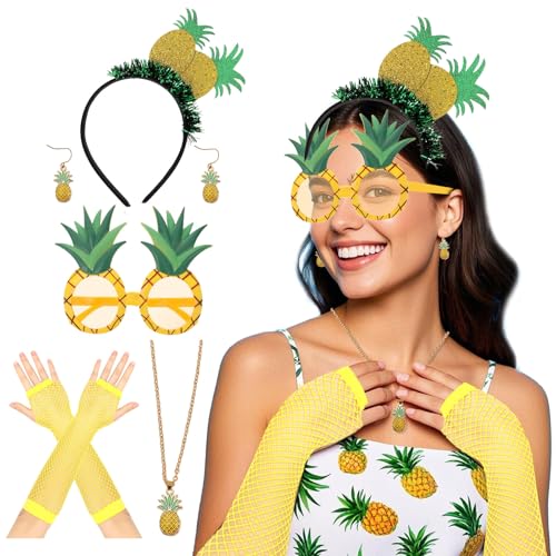 Lufdegim 5 Stück Ananas Kostüm Damen, Ananas Kostüm Party Set, Ananas Haarreif Ananas Handschuhe Ananas Brille Hawaii Party Kostüm Obst Kostüm für Karneval Hawaii Fasching Beachparty Kostüm von Lufdegim