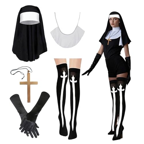 Lufdegim 5 Stück Nonne Kostüm Damen, Nonne Accessoire Nonnen Kopfschmuck Kragen Handschuhe Kniestrümpfe Kreuz Anhänger Kostüme für Halloween Karneval Cosplay Kostüm Zubehör von Lufdegim