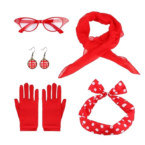 Lufdegim 50er Damenmode Rollenspiele Kleidung Anzüge für Damen Polka-Punkte Kopftücher Handschuhe Halsketten Ohrringe Brillen Haarschmuck Vintage-Stil Karneval Party Maskerade (Rot) von Lufdegim