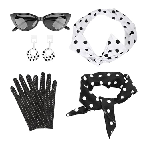 Lufdegim 50er Damenmode Rollenspiele Kleidung Anzüge für Damen Polka-Punkte Kopftücher Handschuhe Halsketten Ohrringe Brillen Haarschmuck Vintage-Stil Karneval Party Maskerade (Schwarz) von Lufdegim