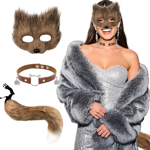 Lufdegim Fuchs Kostüm Damen, Furry Kostüm Halloween Kostüm Fuchs Maske Furry Mask Schwanz und Leder Halskette Set für Cosplay Faschingskostüme Karneval Geburtstag Party (Dunkelgelb) von Lufdegim