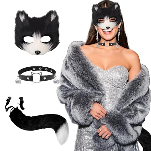 Lufdegim Fuchs Kostüm Damen, Furry Kostüm Halloween Kostüm Fuchs Maske Furry Mask Schwanz und Leder Halskette Set für Cosplay Faschingskostüme Karneval Geburtstag Party (Schwarzweiß) von Lufdegim