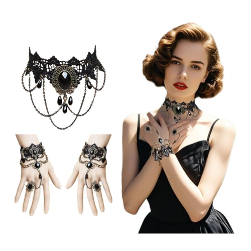 Lufdegim Gothic Steampunk Accessoires Set Schwarz Damen Spitze Steampunk Damen Gotisch Zubehör Vintage Spitze Armband für Halloween Maskerade Ostern Karneval Fasching Outfit von Lufdegim