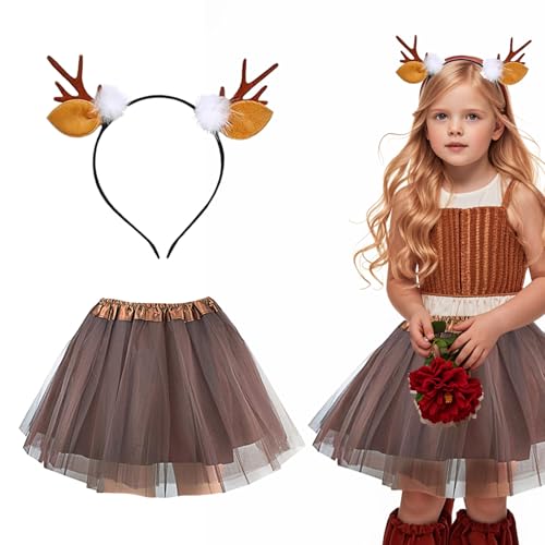 Lufdegim Haarreif Rentier mit Tüllrock, Damen Geweih Kostüm, Rentier Geweih Haarreif Tüllrock Kaffee Tutu Rock Kostüm Zubehör für Damen Weihnachten Fasching Karneval Cosplay Kostüm Party Accessoires von Lufdegim