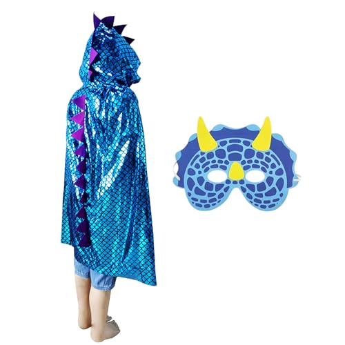 Lufdegim Karneval Dinosaurier Umhang Maske, Dinosaurier Kostüm Blau Umhang Kapuzenumhang mit Maske für Maskerade Rollenspiel Karneval Halloween Kostüm von Lufdegim