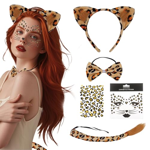 Lufdegim Leoparden Kostüm Damen, 5 Stück Leoparden Kostüm Leoparden Ohren, Leopard Schwanz, Fliege, Tattoo Gesichts Set für Tierkostüm Karneval Fasching Halloween von Lufdegim