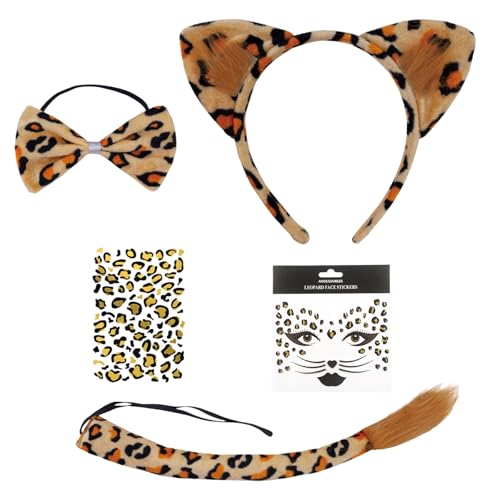 Lufdegim Leoparden Kostüm Damen, 5 Stück Leoparden Kostüm Leoparden Ohren, Leopard Schwanz, Fliege, Tattoo Gesichts Set für Tierkostüm Karneval Fasching Halloween von Lufdegim