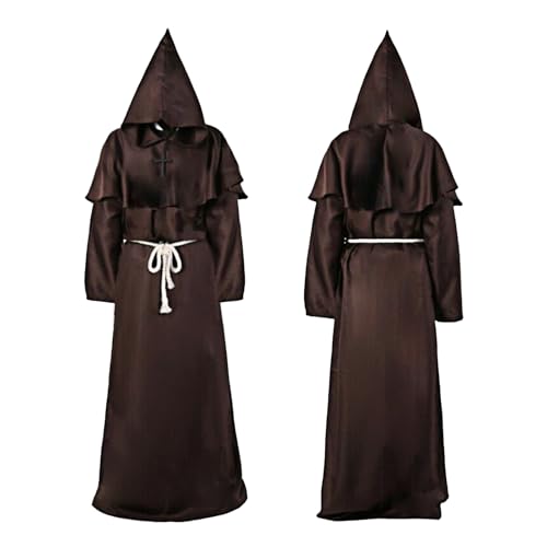 Lufdegim Mönch Robe Priester Kostüm, Mittelalterliche Kapuze Renaissance Robe, Nonnen Priester Kostüm Herren, Karneval Kostüm Herren mit Kapuze und Kreuz für Halloween Karneval Cosplay (Braun, L) von Lufdegim