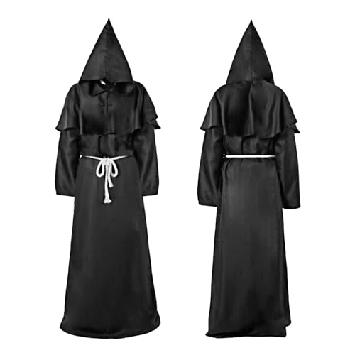 Lufdegim Mönch Robe Priester Kostüm, Mittelalterliche Kapuze Renaissance Robe, Nonnen Priester Kostüm Herren, Karneval Kostüm Herren mit Kapuze und Kreuz für Halloween Karneval Cosplay (schwarz, L) von Lufdegim