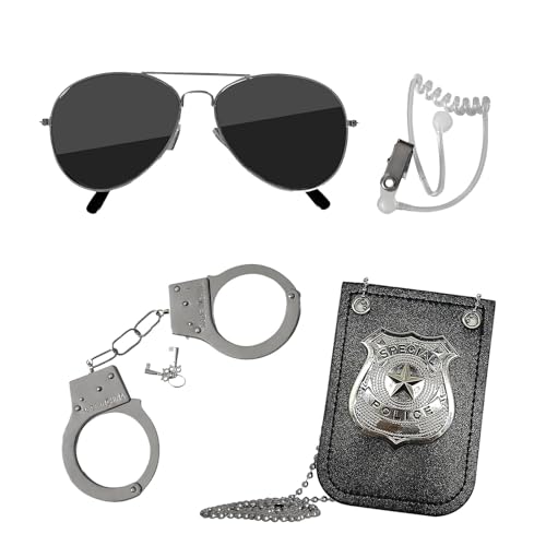 Lufdegim Polizei Kostüm Handschellen Zubehör, Polizei Zubehör Set Kostüm Ausrüstung mit Sonnenbrille, Handschellen und Abzeichen Rollenspiel Zubehör, für Karneval Mottoparty Rollenspiele zu spielen von Lufdegim