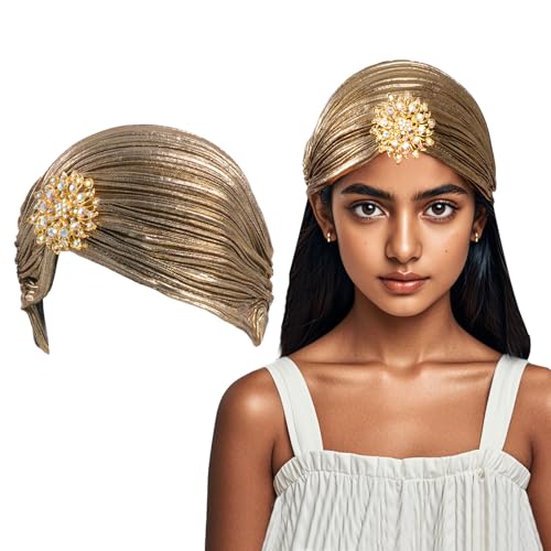 Lufdegim Turban Damen Hut mit Abnehmbarer Kristall Brosche 1920s Fasching Hut Damen Vintage Turban Elastische Kopf Wraps Gatsby Kostüm Accessoires (Dunkelgoldene) von Lufdegim