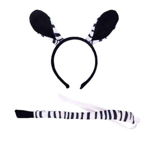 Lufdegim Zebra Ohren und Schwanz Set, Tier Zebra Kostüm Set, Schwanz Ohren Stirnband Zubehör für Kostüm Partyzubehör Tierkostüm Cosplay Halloween Kostüm Geburtstagsparty Zubehör Dekoration von Lufdegim