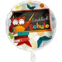 Ballon Einschulung "Endlich Schule", Motiv Eule, Folienballon rund Ø 34 cm von Luftballon-Markt GmbH