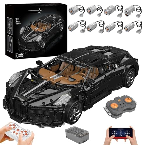 Lukie Technik Auto Bugati La Voiture Noire, 4688 Teile Klemmbausteine Auto Set, Maßstab 1:8 Automodell, Mit Power Functions Set von Lukie