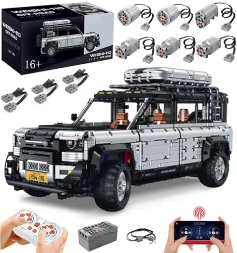 Lukie Technik Auto Landerover Defender 110, Mit Motor Set, Modellauto-Bausatz im Maßstab 1:8, Klemmbausteine Auto aus 5268+ Teile, Kompatibel mit Land Rover Defender Technic Autos von Lukie