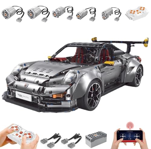 Lukie Technik Auto Porscher GT2 RS, Mit Motor Set, Modellauto-Bausatz im Maßstab 1:8, Klemmbausteine Technic Rennauto aus 3389+ Teile (Grau) von Lukie