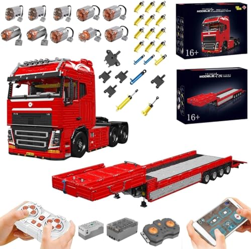 Lukie Technik LKW mit Anhänger, Mit Motoren Set, Pneumatik Set, 8007+ Teile Klemmbausteine LKW mit Anhänger, Erwachsener Modellbausatz, Technik LKW mit Tieflader, Technic LKW mit Anhänger von Lukie