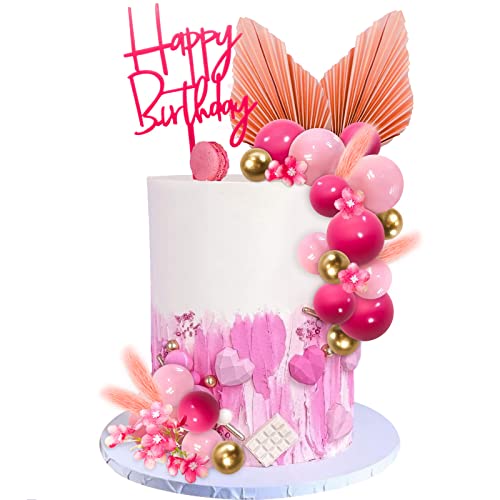 Lukinuo 29pcs Blume Boho Kuchen Topper Ball Kuchen Dekor Hot Pink Gold Bälle Palm Leaves Künstliche Pflanzen Kuchen Dekor für Mädchen böhmischen Hot Pink Prinzessin Hochzeit Baby Dusche Geburtstag von Lukinuo