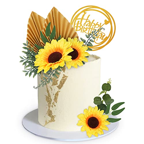 Lukinuo Sonnenblume Kuchen Topper 18pcs Sonnenblume Kuchen Dekoration mit Gold alles Gute zum Geburtstag Kuchen Topper Sonnenblume Golden Palm Eukalyptus Blätter für Sonnenblume Boho Sommer Thema Gebu von Lukinuo