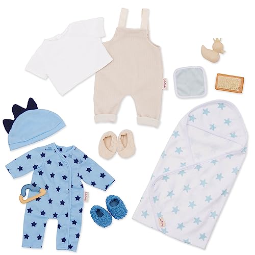 LullaBaby – 13-tlg. Puppenkleidung für 36 cm Baby Puppen – Strampler, Kapuzenhandtuch, Einteiler, T-Shirt – Mütze, Schuhe, Badeente, Waschlappen – Baby Puppenzubehör – Spielzeug für Kinder ab 2 Jahren von LullaBaby