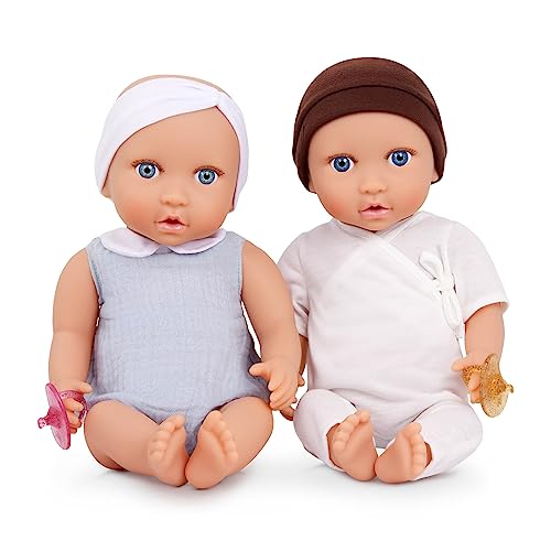 LullaBaby LBY7226Z 2 Baby Puppen Zwillinge mit Puppenkleidung – Porzellan Hautton & blaue Augen – 36 cm Babypuppen Weichkörper – Mütze, Stirnband & Schnuller – Spielzeug für Kinder ab 2 Jahren, Multi von LullaBaby